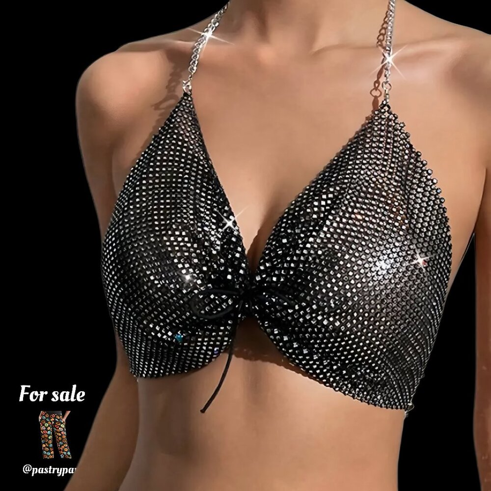 Rhinestone Chainmail Halter Bra Top – Silver, Backless Festival/Beach NWT